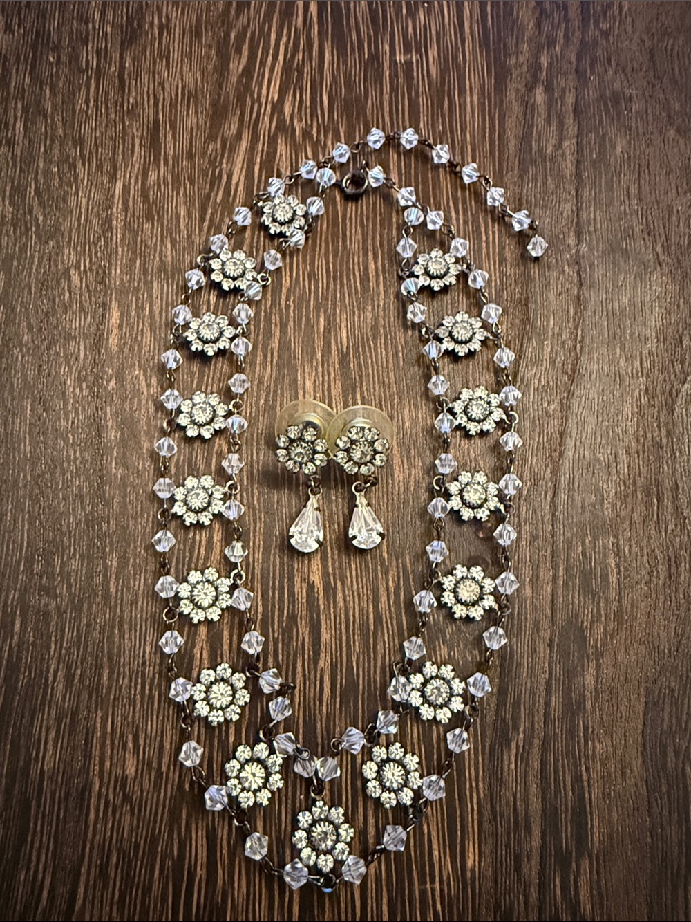 Lilac Crystals and Silver Double-Strand Necklace with Teardrop Earrings